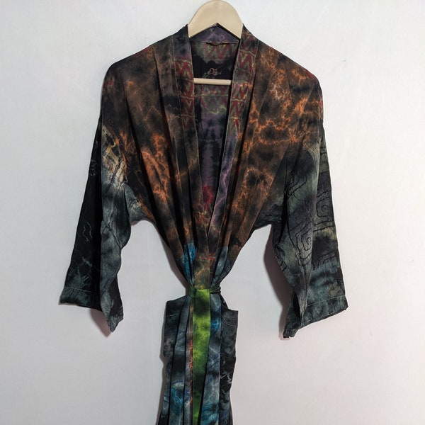 Long Kimono In Tan & Grey Tie Dye