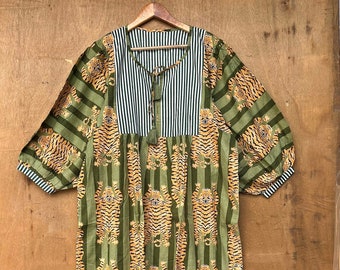 Block Print Cotton Midi Dress: Bohemian Tiger Print
