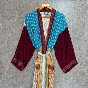 Indian Silk Sari Kimono Robe Hand Made Robe Long Sleeve Styles Robe Gift For Bridal Dinner Party Kimono Robe
