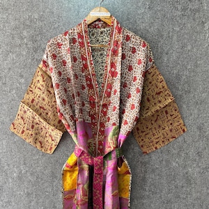 Bridal Silk Kimono Handmade Robe Patchwork Sari Robe Bathwear Kimono Floral Vintage Dress
