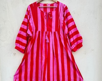 Summer cotton Block print Midi Mini women girls Dress,Deep Neck with string closer bohemian dresses wedding bohemian boho hippie giftsdress