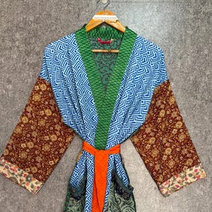 Indian Silk Sari Short Kimono Women Bath Robe Fashion Wear Short Kimono Robe Long Sleeve Dress Dinner Party Robe