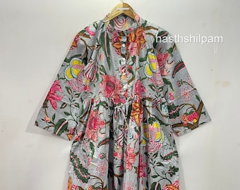 Block Print Cotton Midi Dress: Bohemian Floral Summer Dress