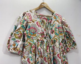 Block Print Cotton Midi Dress: Bohemian Floral Summer Dress