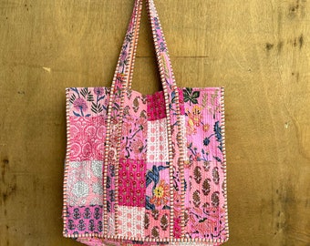 Handmade Floral Print Quilted Tote Bag: Indian Cotton Shopper