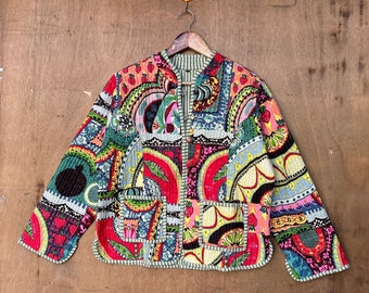 Reversible Steppjacke aus Baumwolle mit Handblockdruck, Manteljacke, Baumwoll-Sari-Kantha-Mantel, kurze Jacke