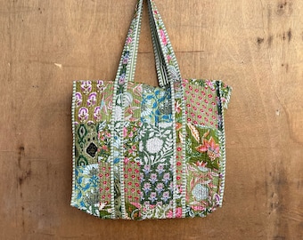 Handmade Quilted Cotton Tote Bag: Floral Print Market Bag