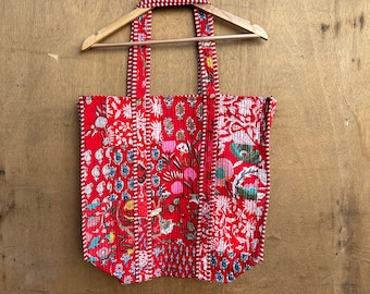 Handmade Floral Print Cotton Quilted Tote Bag: Reversible Patchwork Shopper