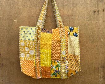 ハンドメイドキルティングパッチワークトートバッグ：リバーシブル