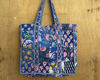 Hand Block Printed Cotton Quilted Tote Bag: Indian Floral Print
