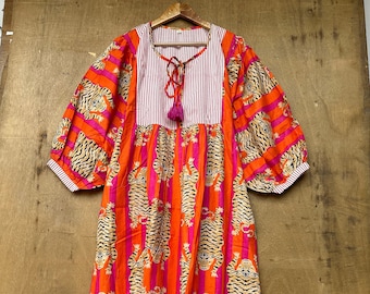 Block Print Cotton Midi Dress: Bohemian Tiger Floral Sundress