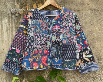 Indian Patchwork Cotton Jacket, Quilted Jacket, Handmade Button Jacket, Long Sleeve Jacket, Boho Hippie Coat, Blue Pacthwork Coat,