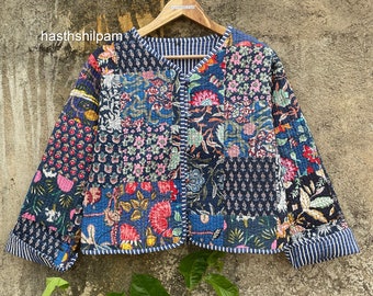 Cappotto trapuntato in cotone con stampa a blocchi reversibile Giacca, Cappotto Kantha Sari in cotone, Giacca corta boho e giacca