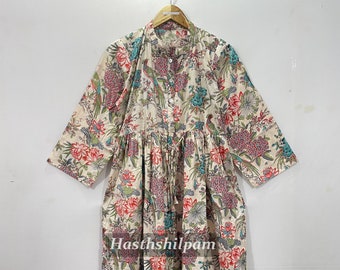 Block Print Cotton Midi Dress: Bohemian Floral Summer Dress