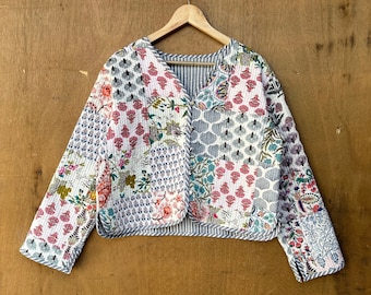 Indische Handarbeit Patchwork Vintage Steppjacke Mäntel, New Style, Boho, Baumwolljacke Kurz Weiß Blatt Schwarz Streifen Paspol