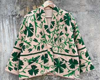 Indian Suzani Cotton Quilted Jacket: Green Embroidery, Unisex Coat