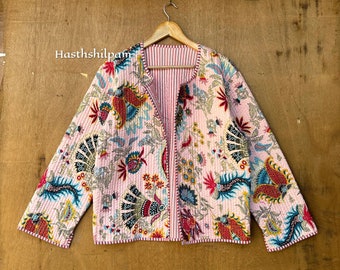 Baumwoll-Steppjacke Frauen tragen vorne offene Kimono-Streifenpaspel Handgefertigte Vintage-Steppjacke, Mäntel, neuer Stil, Boho-Doppelseite tragen