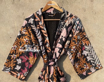 Indian kantha jacket, long kantha jacket, soft cotton jacket, black floral jacket, handmade jacket