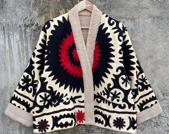 Handmade Suzani Embroidery Jacket,Winter Wear Jacket Womens Coat Quilted Jacket Ethnic Unisex Coat, Suzani Short Quilted Jacket