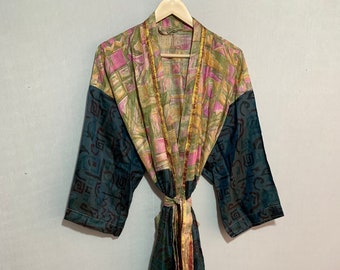 Kimono da notte di taglia lunga, abito sexy da spiaggia, moda, kimono lungo da festa, abito da sposa, abito kimono hippie, abito sari di seta fatto a mano