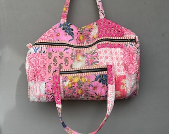 Handmade Cotton Quilted Tote Bag: Block Print Reversible Shopper