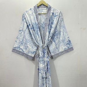 Floral Block Print Cotton Kimono Robe: Handmade Beach Cover-Up