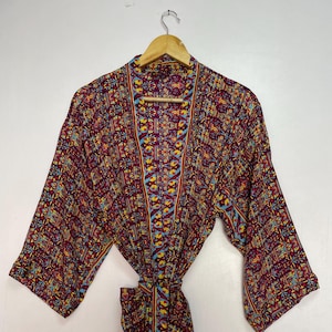 Recycled Silk Sari Kimono: Red Boho Robe, Luxury Resort Wear