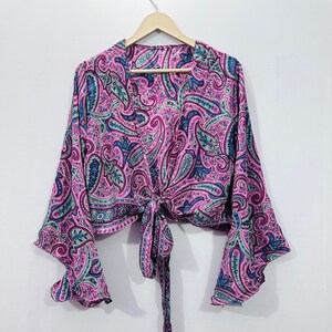 Floral Silk Tie Top: Bell Sleeves Boho Crop Top