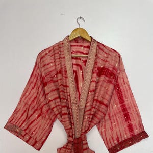 Red Floral Silk Kimono Robe, Long for Women Boho Kimono Robe, Christmas Gift Soft and Comfortable Robe, Gift for Wife Mom, SN_79 Pocket Robe