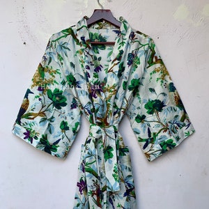 Kimono para mujer, bata de algodón, estampado de bloques, vestido de dormir cómodo, bata de dama de honor, bata, ropa de playa, bata hecha a mano, regalo para ella