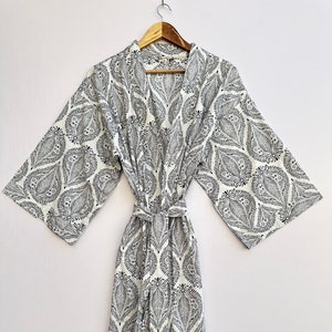 女性用着物、コットンローブ、ブロックプリント、快適なナイトウェアドレス、花嫁介添人用ローブ、ドレッシングガウン、ビーチウェア、ハンドメイドローブ、彼女へのギフト