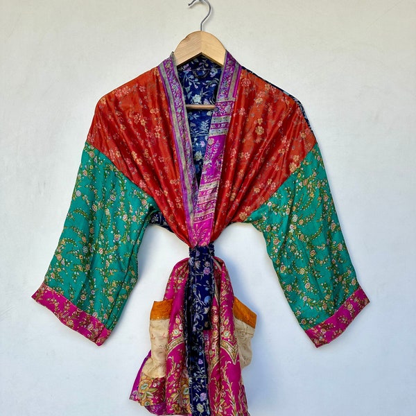 Robe für Frauen, Seidensari Stoff Kimono Robe, Boho Kimono Robe, Geschenk für sie, Hochzeitsgeschenk für Freund,