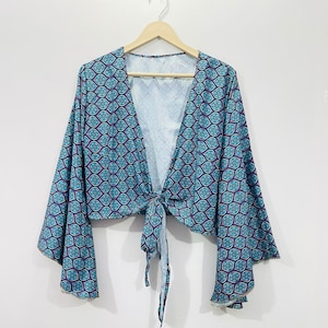 Floral Silk Crop Top: Bell Sleeve Tie Front Blouse