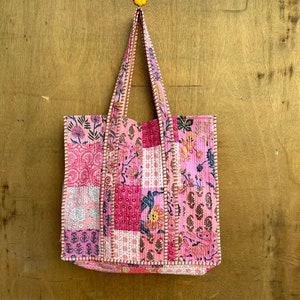 Handmade Floral Print Quilted Tote Bag: Indian Cotton Shopper