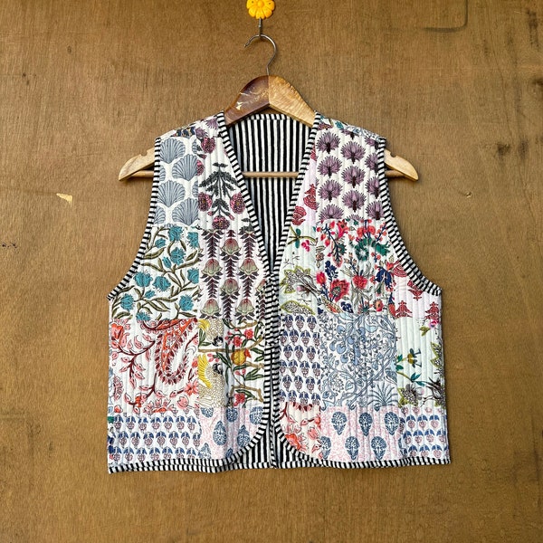 Sleeveless cotton Patchwork Jackets, Indian Cotton Handmade Winter Jacket Coat, Bohemian Style Jacket, Unisex Short Quilted Kantha Jacket