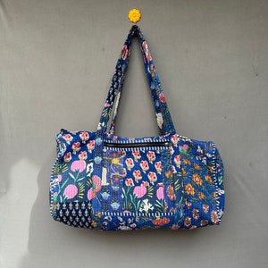 Quilted Duffle Tote Shoulder Patch Bag Cotton Handprint Floral Eco friendly Sustainable bag, Yoga Shopping Beach Artist Boho Weekend bag