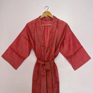 Indian Recycled Silk Kimono Robe, Women Silk Kimono Robe, Boho Loungewear Dress, Floral Kimono, Silk Long Dressing Gown, Red Sari Robe SN_52