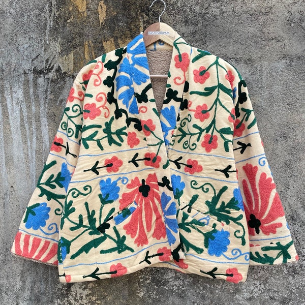 Women's Short Suzani Jacket, Handmade Cotton Jacket, Suzani Jacket In TNT Fabric, Floral Embroidery Jacket,
