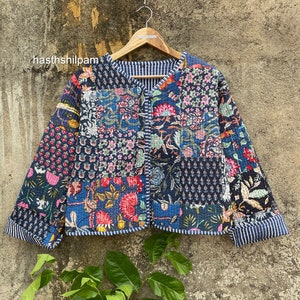 Indian Patchwork Cotton Jacket, Quilted Jacket, Handmade Button Jacket, Long Sleeve Jacket, Boho Hippie Coat, Blue Pacthwork Coat,