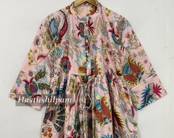 Block Print Cotton Midi Dress: Bohemian Floral Summer Dress