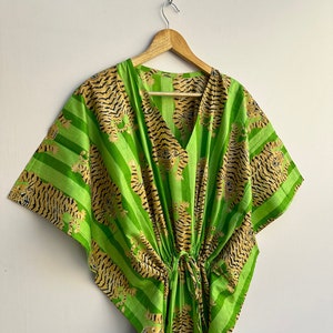 Green Tiger Print Cotton Kaftan Dress: Indian Summer Cover-Up