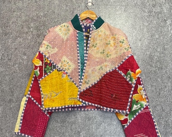 新品★パッチワーク　キルトジャケット　カンタ刺繍　リバーシブル　ブロックプリント リバーシブル花柄カンタキルティング着物ジャケット、L-XL - Etsy 日本