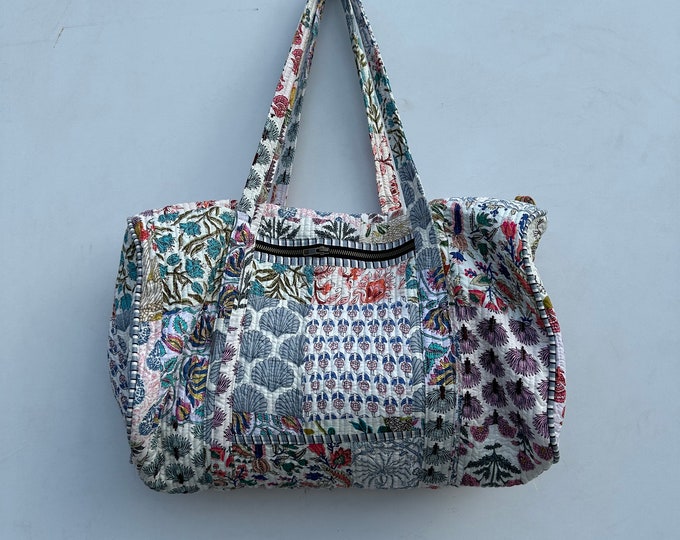 Blockprint Quilted Cotton Duffle Bag: Handmade Weekender Travel Bag