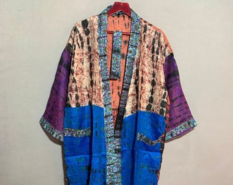 Indian Long Sari Kimono, Women Wear, Pure Sari Kimono, Long Kimono, Indian Clothing, Summer Kimono Robes,