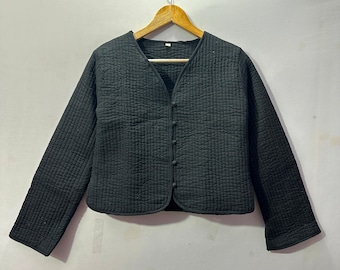 Cotton Quilted Jacket Women Wear Front Open Kimono Stripe piping HandMade Vintage Quilted Jacket , Coats , New Style, Boho double side