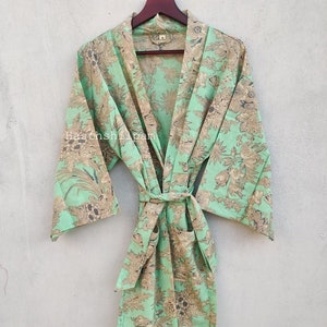 Kimono para mujer, bata de algodón, estampado de bloques, vestido de dormir cómodo, bata de dama de honor, bata, ropa de playa, bata hecha a mano, regalo para ella