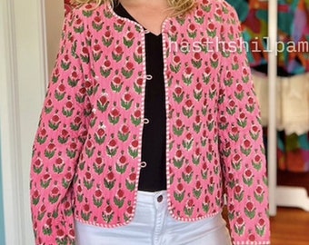 Indische Block Print Steppjacke, handgefertigte Frauen tragen rosa Blume Reversisble Boho Jacke Geschenk für ihren Baumwolljackenmantel