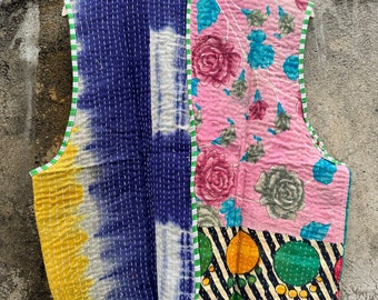 ハンドメイドカンタキルトベスト：ヴィンテージパッチワークコットン