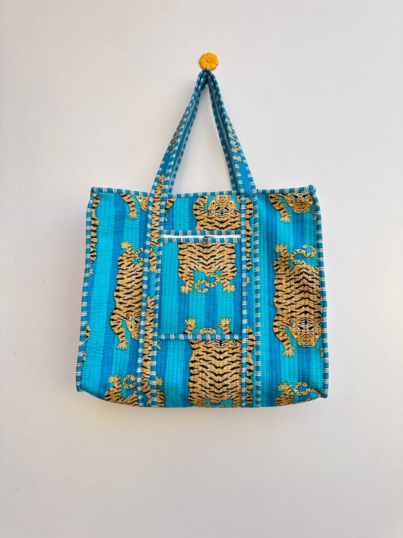 Grand Sac Bandoulière Indien En Coton - Noir Matelassé à Tigre - Plage/Femme