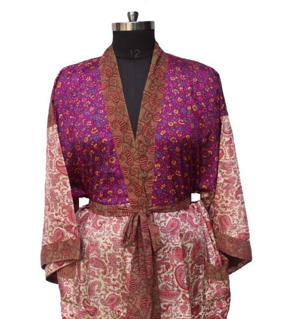 Indian Vintage Art Silk Sari robe Nightdress Kimono Bathrobe | Etsy